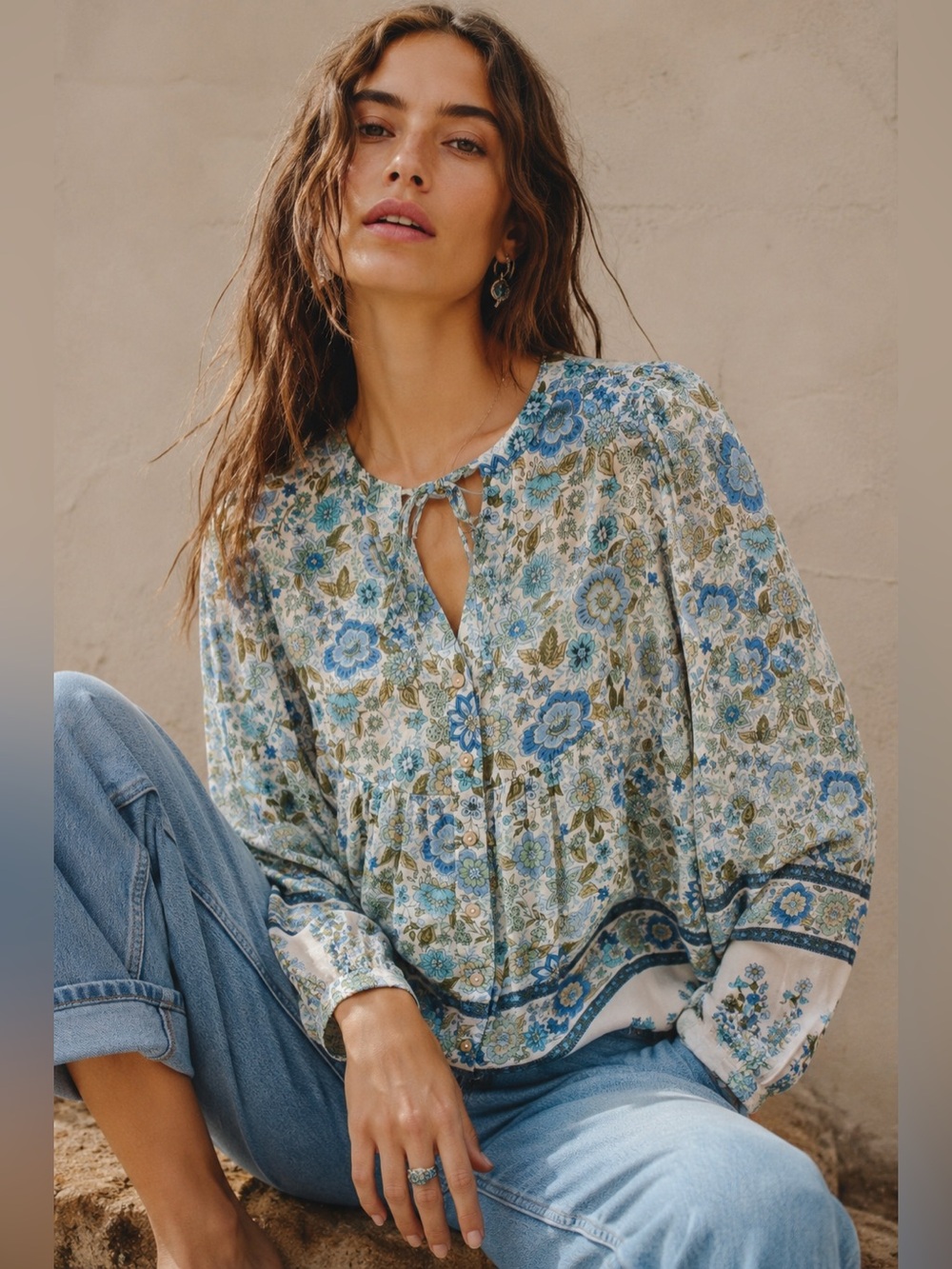 Blu Pepper Blue Floral Boho Peasant Blouse Tie Neck Babydoll Top S